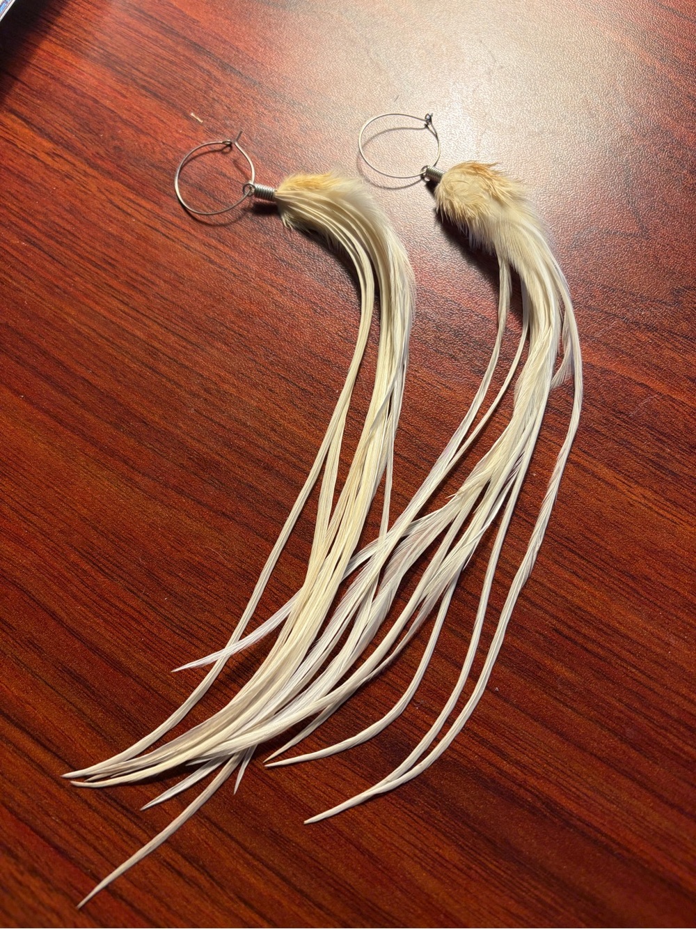 Long Cream Feather Hoop Earrings - Lightweight Boho Style